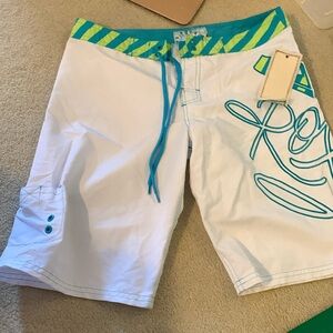 Roxy size 5 surf board shorts NWT white neon green and Teal color